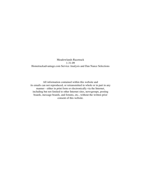 Product picture Hometrackadvantage.com Meadowlands Service Spot Plays with Analysis AND DN Selections 1-31-09