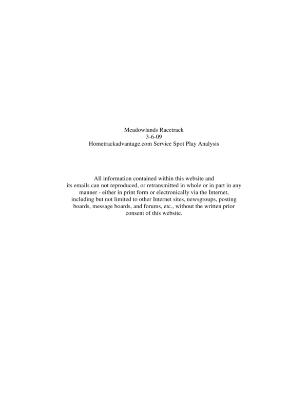 Product picture Hometrackadvantage.com Service Spot Plays with Analysis for the Meadowlands 3-6-09