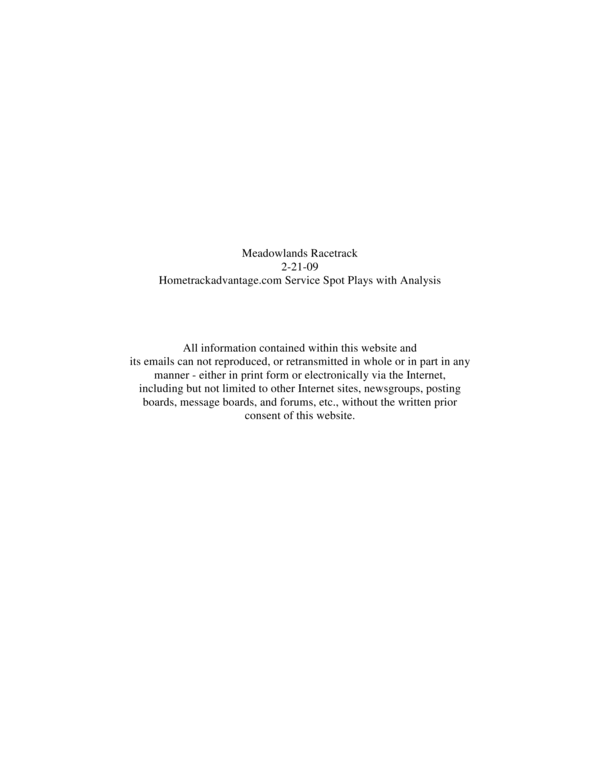 Product picture Hometrackadvantage.com Service Spot Plays with Analysis for The Meadowlands 2-21-09